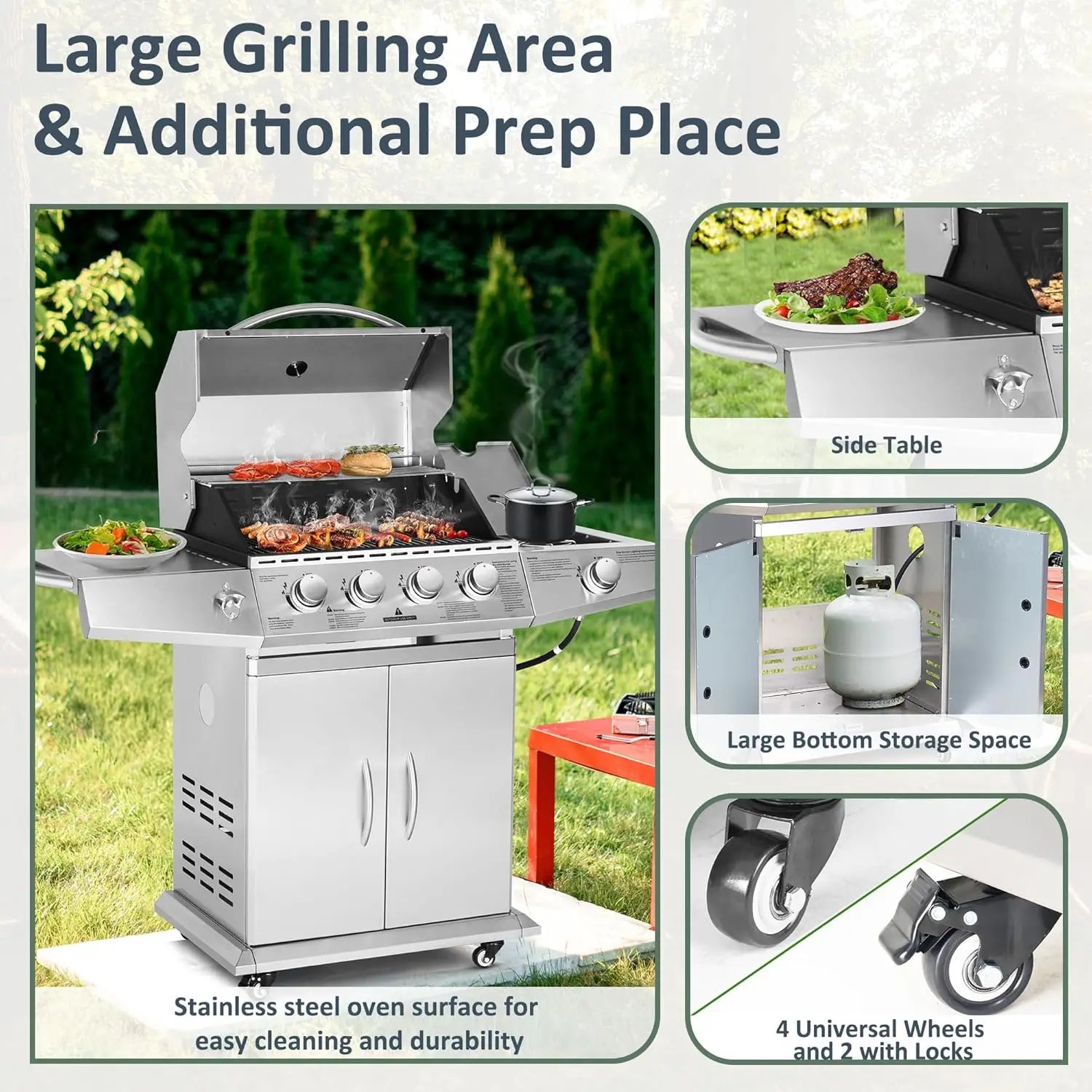 Propane Gas Grill 4 Burners with Side Burner, Stainless Steel Grill Cart with Wheels for Outdoor Patio Garden Backyard Cooking image 6