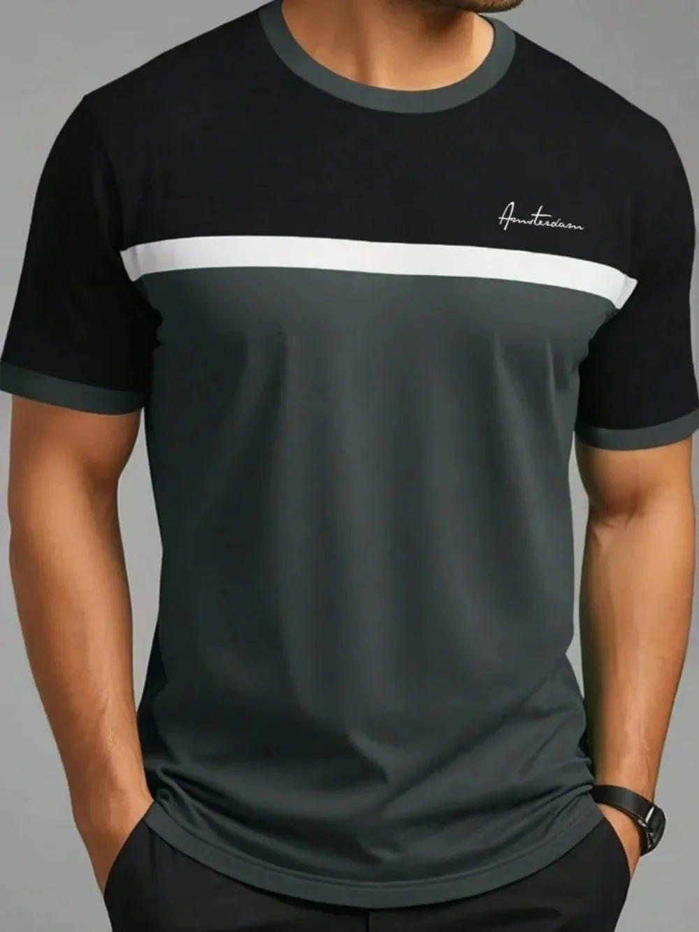 New Summer Men's Striped Letter Splicing Printed Micro Elastic Breathable Round Neck T-shirt Outdoor Urban Casual Style Top