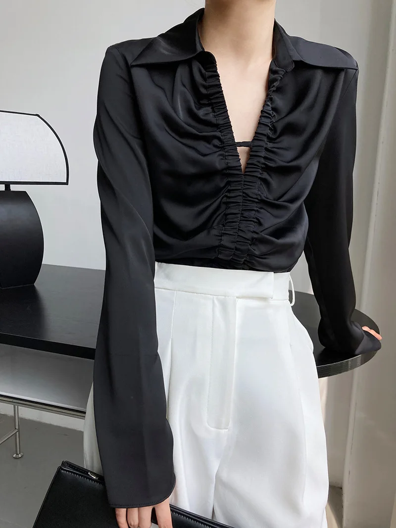 

Hollow Out Shirring Deep V Neck Luxury Satin Blouse Turn Down Collar Long Sleeve Champagne Black Vetement Femme Elegant Shirts