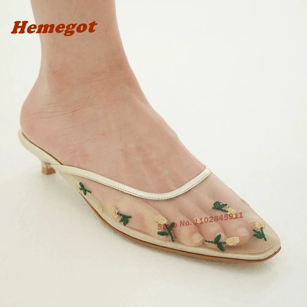 Embroidered Flowers Air Mesh Slippers Round Toe Chunky Heel Clear Women\'s Mules Low Heels Summer 2024 New Casual Party Shoes