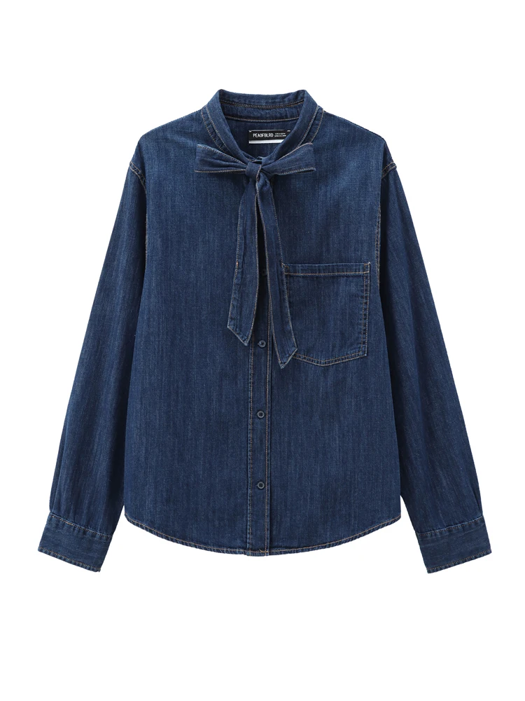 KAOPU ZA Women with bow patch pocket denim shirt vintage lapel-neck long sleeves button-up female blouses blusas chic tops