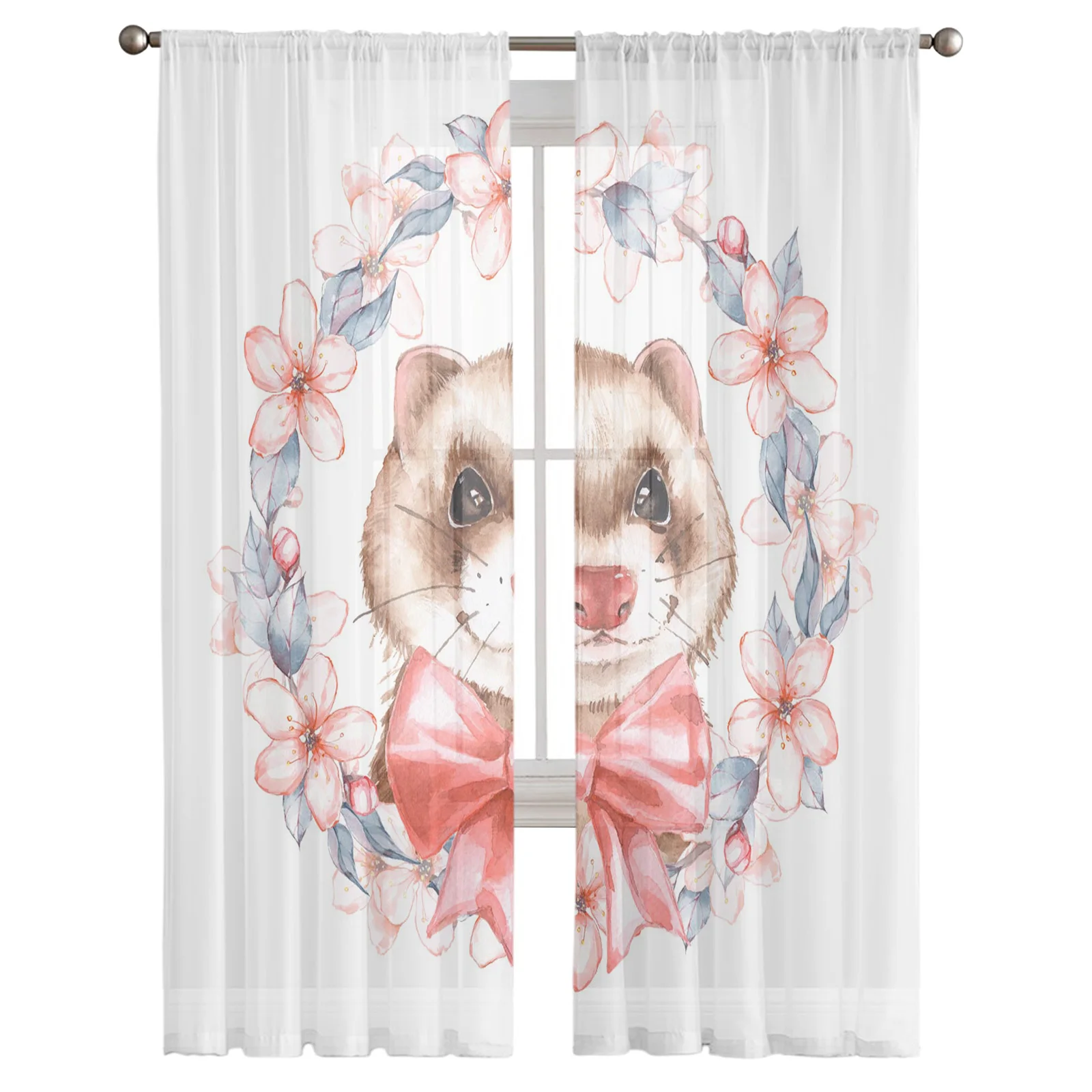 Ferret Spring Watercolor Pink Flower Living Room Tulle Curtains Drape for Kids Bedroom Home Decor Kitchen Window Sheer Curtain