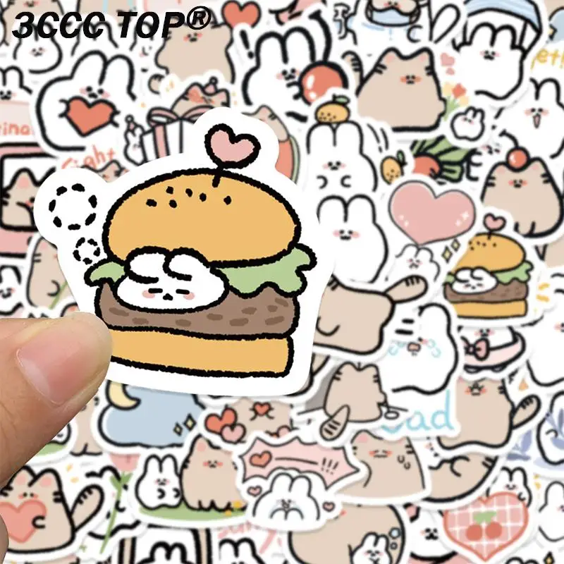 60Pcs Kawaii Cat Rabbit Cartoon Sticker Cute Animal Decals Kids Toys DIY Scrapbook Laptop Stationary Guitar Suitcase Car Sticker