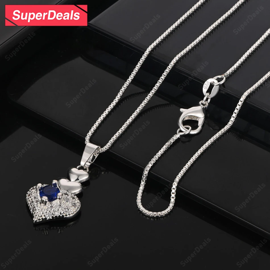 

SuperDeals 925 Sterling Silver Blue Zircon Heart Pendant Necklace Women Fashion Charm Wedding Party Pretty Jewelry 16-30 Inch