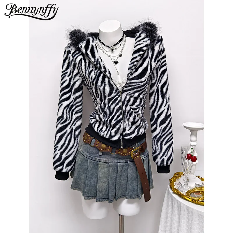 Benuynffy Zebra Print Fur Collar Short Coat Women's Autumn Winter Streetwear Hooded Long Sleeve Zipper Outerwears Y2k Clothes
