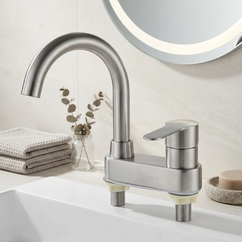Stainless Steel Two Hole Faucet with Lift Up Handle Minimalist Design Disc Valve Core for Long Term Reliability