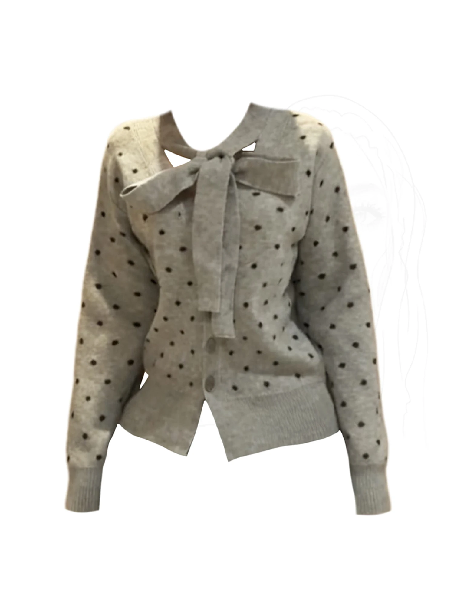 

Women's Grey Cardigan Bow Sweater Korean Style 2000s Vintage Long Sleeves Polka Dot Cozy Cashmere Sweater For Women Clothes 2025