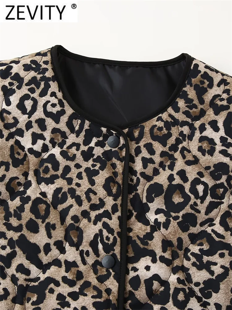 ZEVITY 2024 Women Vintage Leopard Print Quilted Cotton Jacket Female Chic Long Sleeve Buttons Casual Slim Coat Tops CT6287