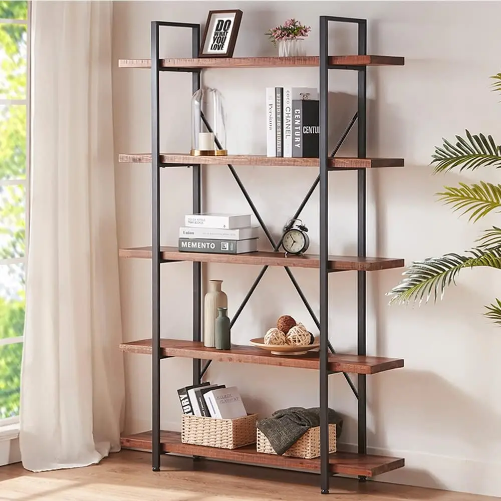 Natural Real Wood , 5 Tier Industrial Rustic Vintage Etagere , Open Metal Farmhouse Solid Wooden Book Shelf, Distressed Brown