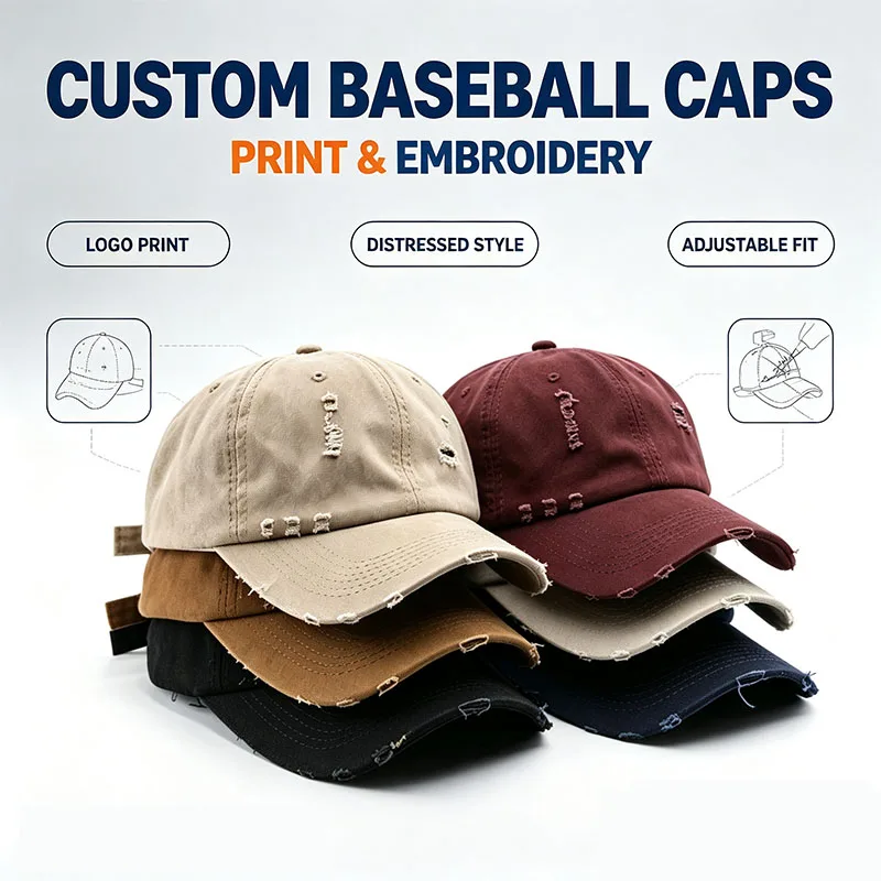 Customizable Distressed Baseball Cap Unisex Vintage Washed Slim Face Streetwear Hat Embroidery & Printing Supported
