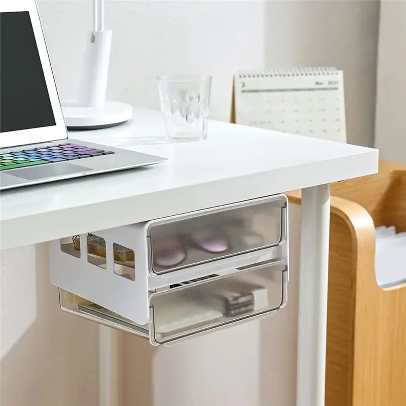 A98E-Under Desk Storage Drawer Slide Out, Self-Adhesive Organizer, Attachable Drawer Organizer With 2 Layers