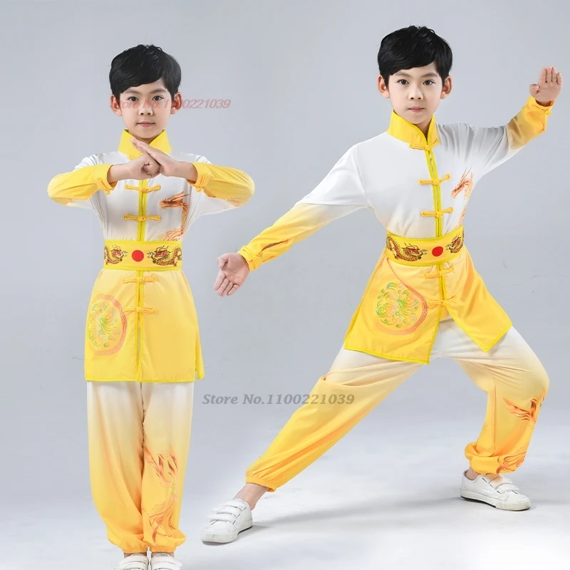 2025 chinês vintage crianças wushu kung fu conjunto dragão impressão gradiente cor wushu kung fu artes marciais treinamento exercício terno