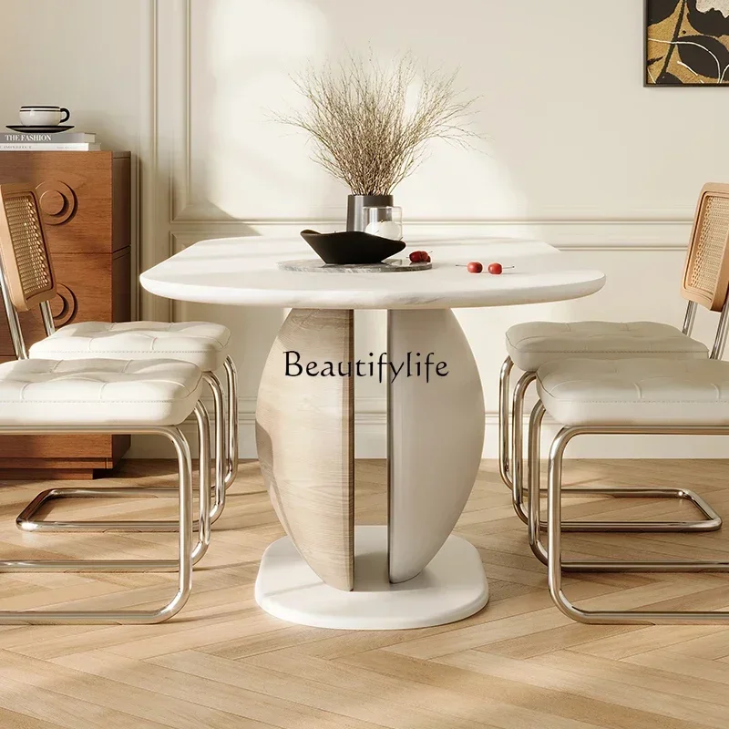 yj58 Solid wood rock slab dining table and chairs French white terrazzo oval log cream style