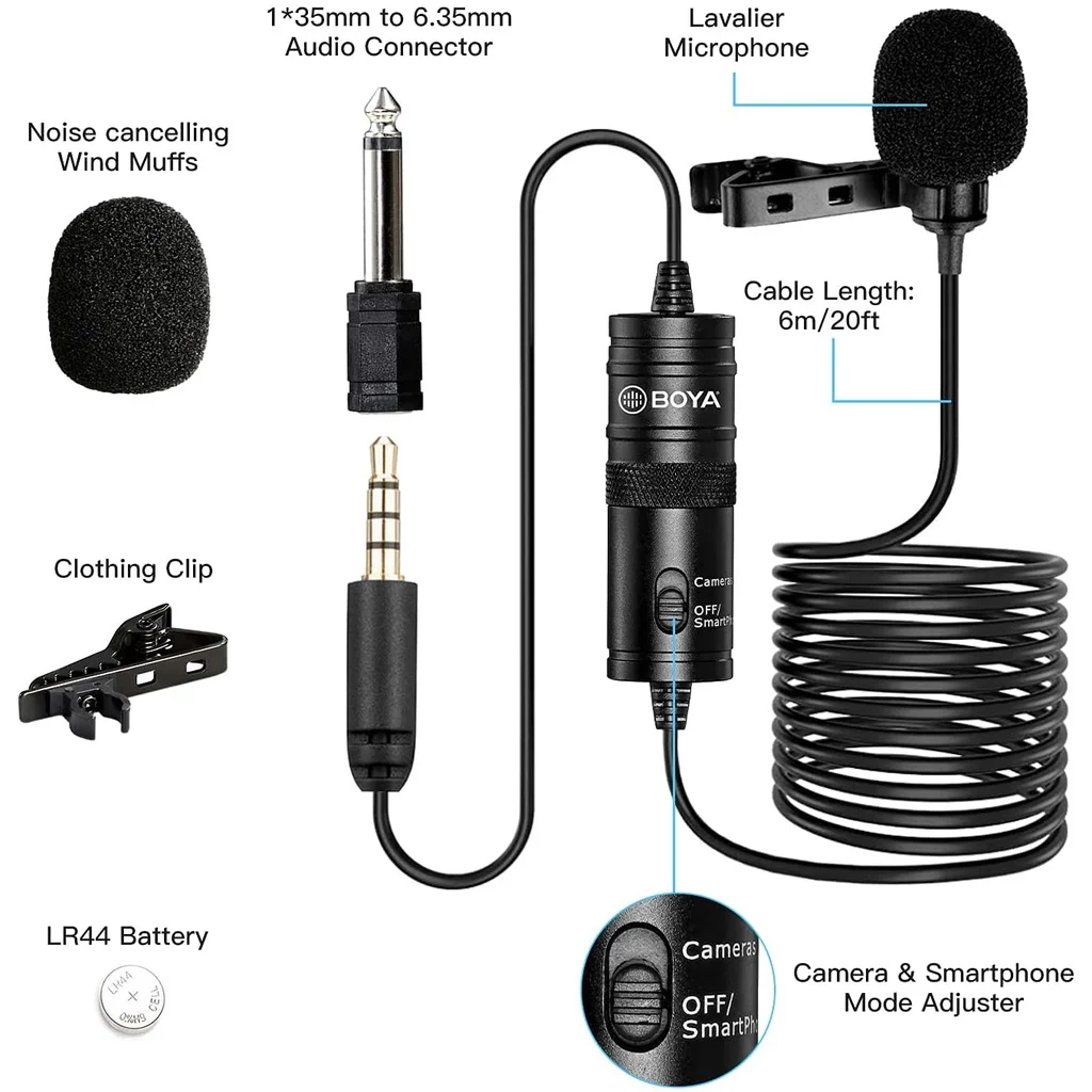 BOYA BY-M1 Condenser Lavalier Lapel Clip-on Microphone 3.5mm TRRS 6M Mic For PC iphone DSLR Camera YouTube Recording Streaming