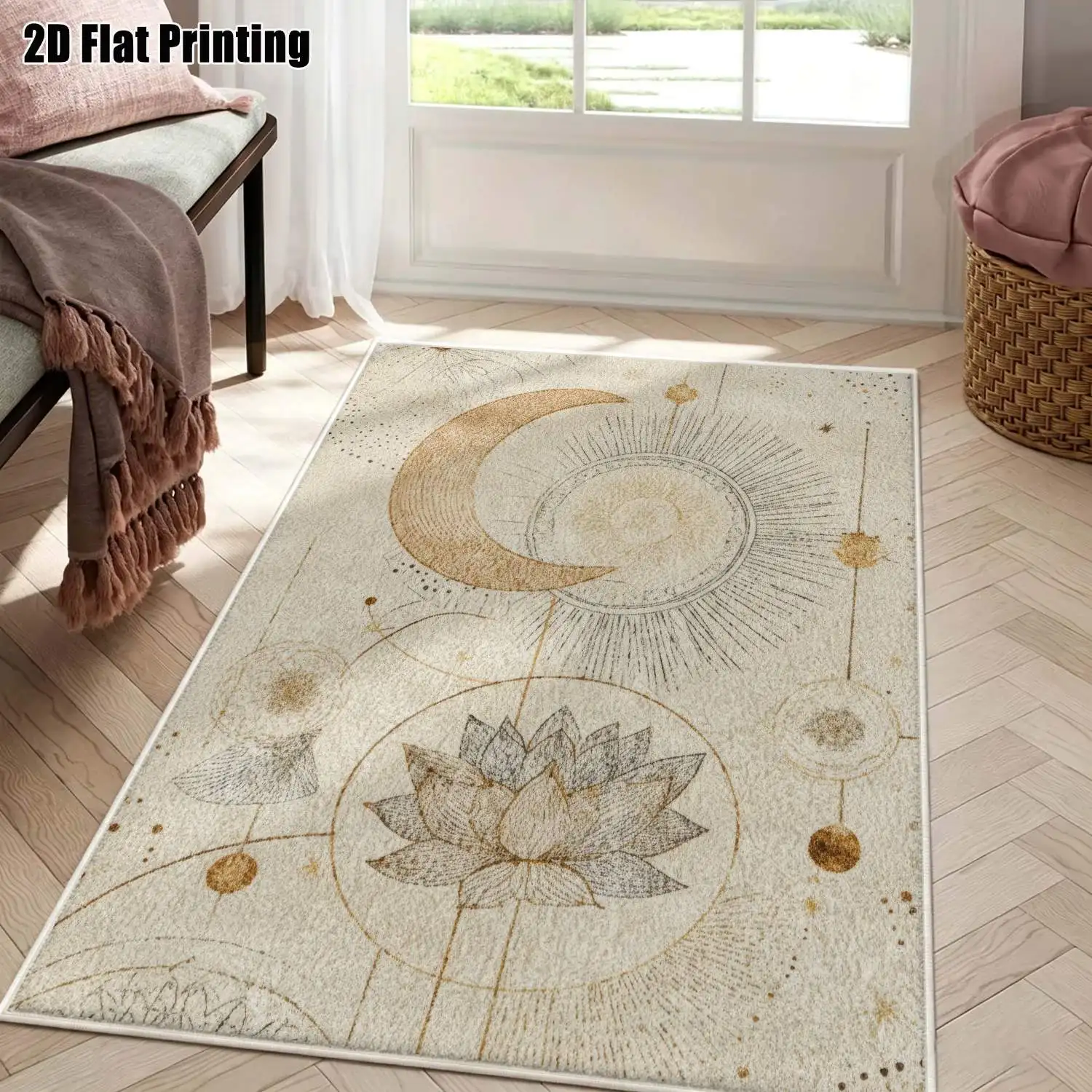 1Pc 2D Printed Velvet Carpet with Beige Sun, Moon, Flower Pattern Nordic Modern Minimalist Vintage Abstract Art Carpet for Home Decor, Available in Multiple Sizes, Machine Washable, Can Be Used as Entrance/Dining/Bedroom/Living Room Mats.