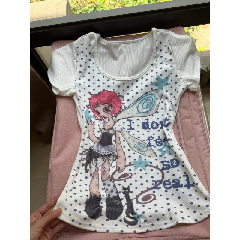 Japanese Cartoon Printing Kawaii Cute T-shirt Harajuku Women Casual Grunge Tshirts Y2k Aesthetic Vintage Polka Dot Slim Fit Tops