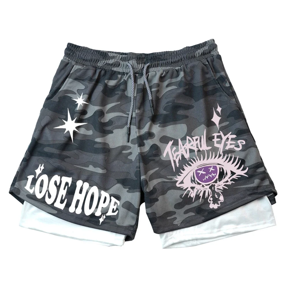 الرجال السراويل الرياضية المضغوطة طبقة مزدوجة 2 في 1 السراويل تشغيل عيون سريعة الجافة تنفس سراويل قصيرة الذكور الصيف الشارع الشهير #2