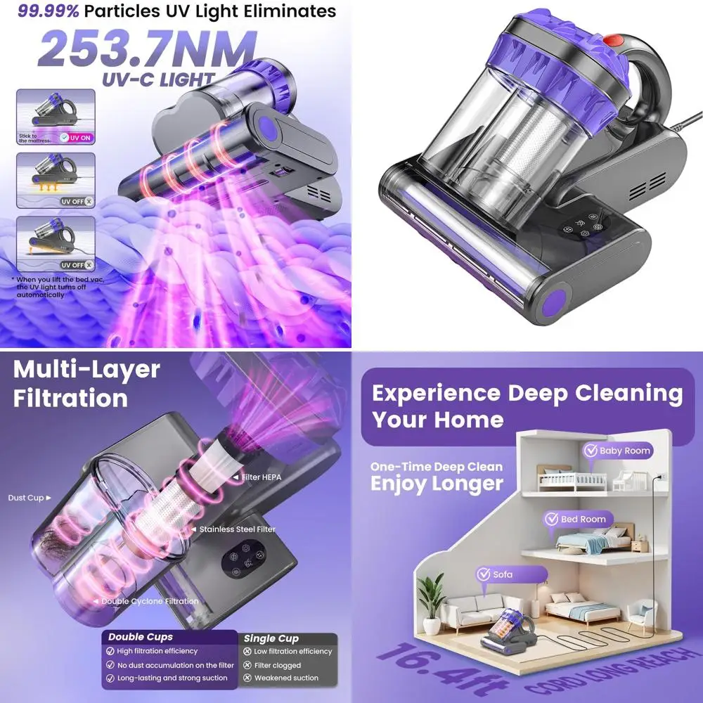 

Handheld Bed Vacuum Cleaner with 16Kpa Suction, UV-C Light, and Hot Air, 550W for Beds, Sofas, and Cribs