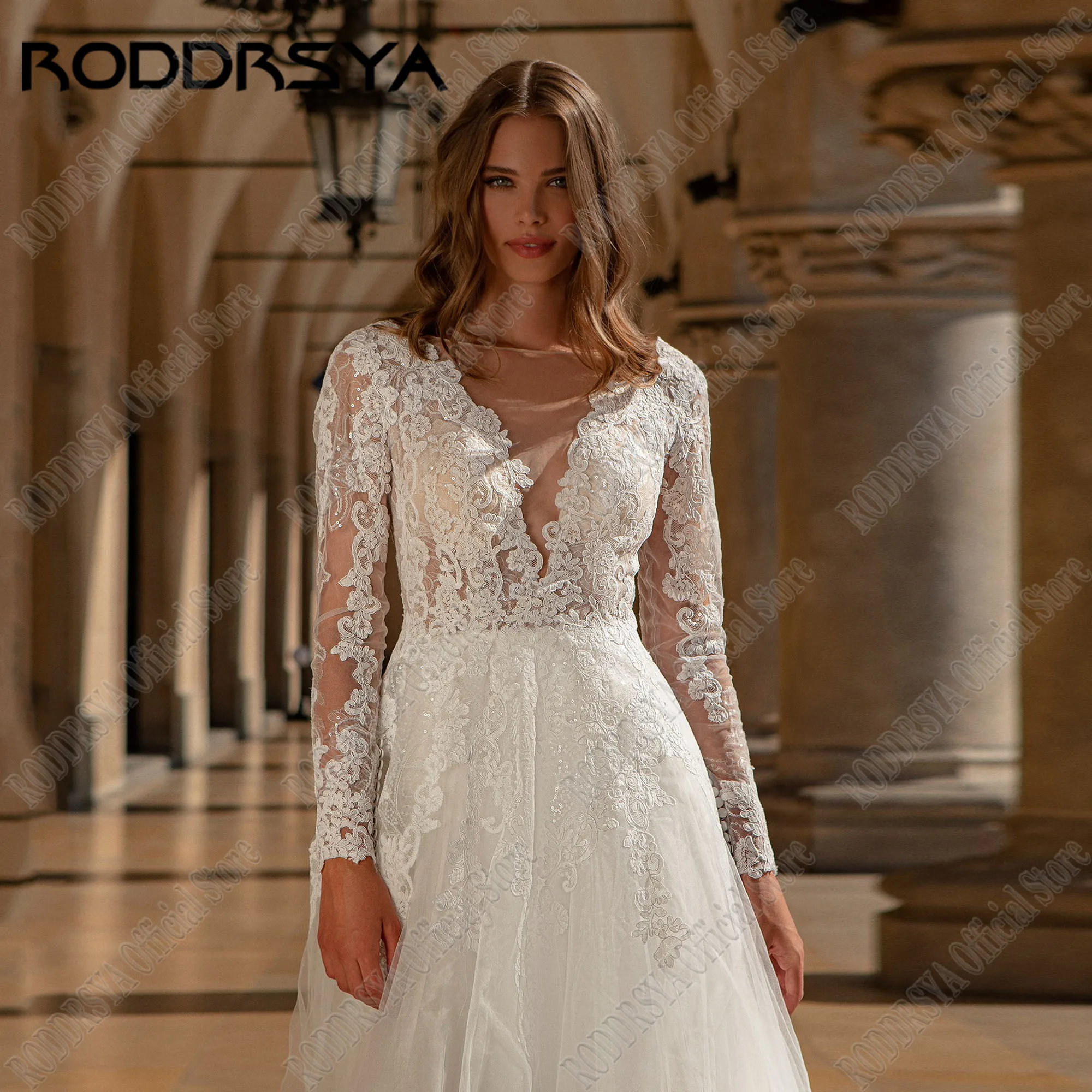 Roddrsya maßge schneiderte Hochzeits kleid elegante Langarm schiere U-Ausschnitt Pailletten Applikation Vestidos de Novia Brautkleid Sweep ZugRODDRSYA Maßgeschneiderte Brautkleid Elegante Langarm Sheer U-Ausschnitt Pai