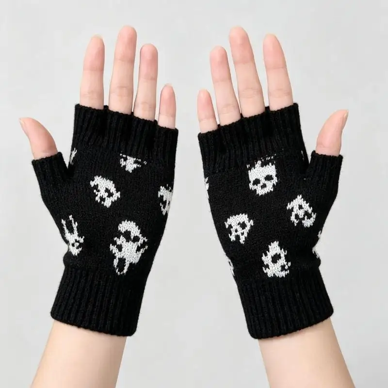 New Halloween Skull Knitted Gloves For Half Finger Fingerless Gloves Warm Winter Wool Gloves Outdoor