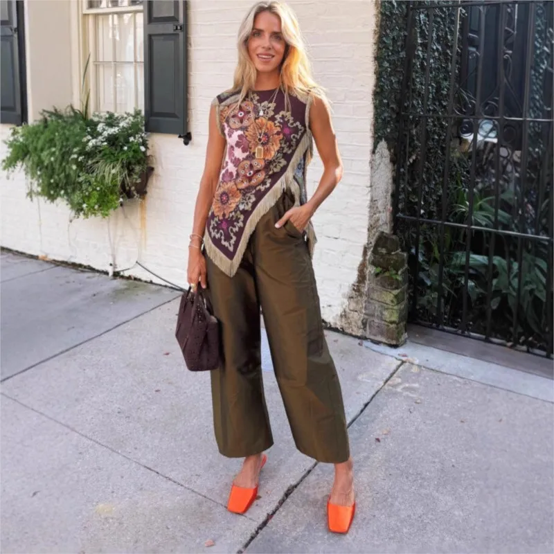 Fashion Floral Print Top With Fringe Trim For Women Vintage O-neck Sleeveless Asymmetric Hem Satin Blouse Lady 2026 Chic Tops
