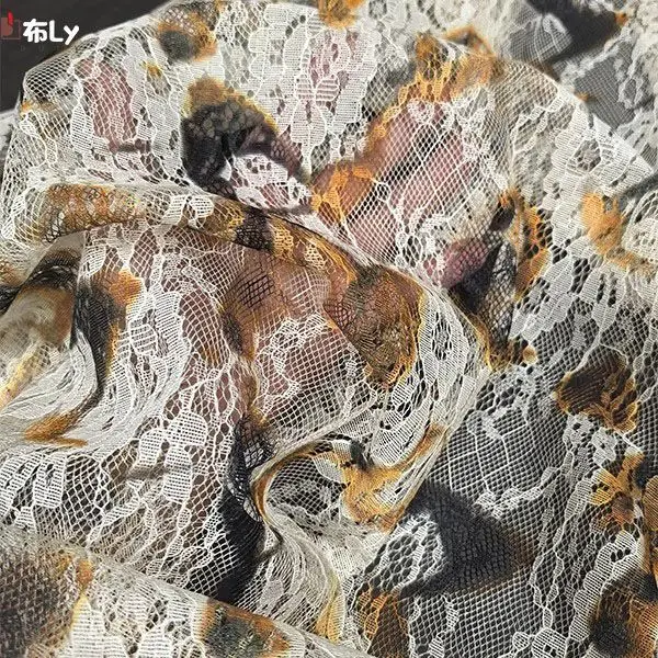 

Burning flower smudging printed lace French vintage fabric DIY camisole dress cheongsam Hanfu designer fabric