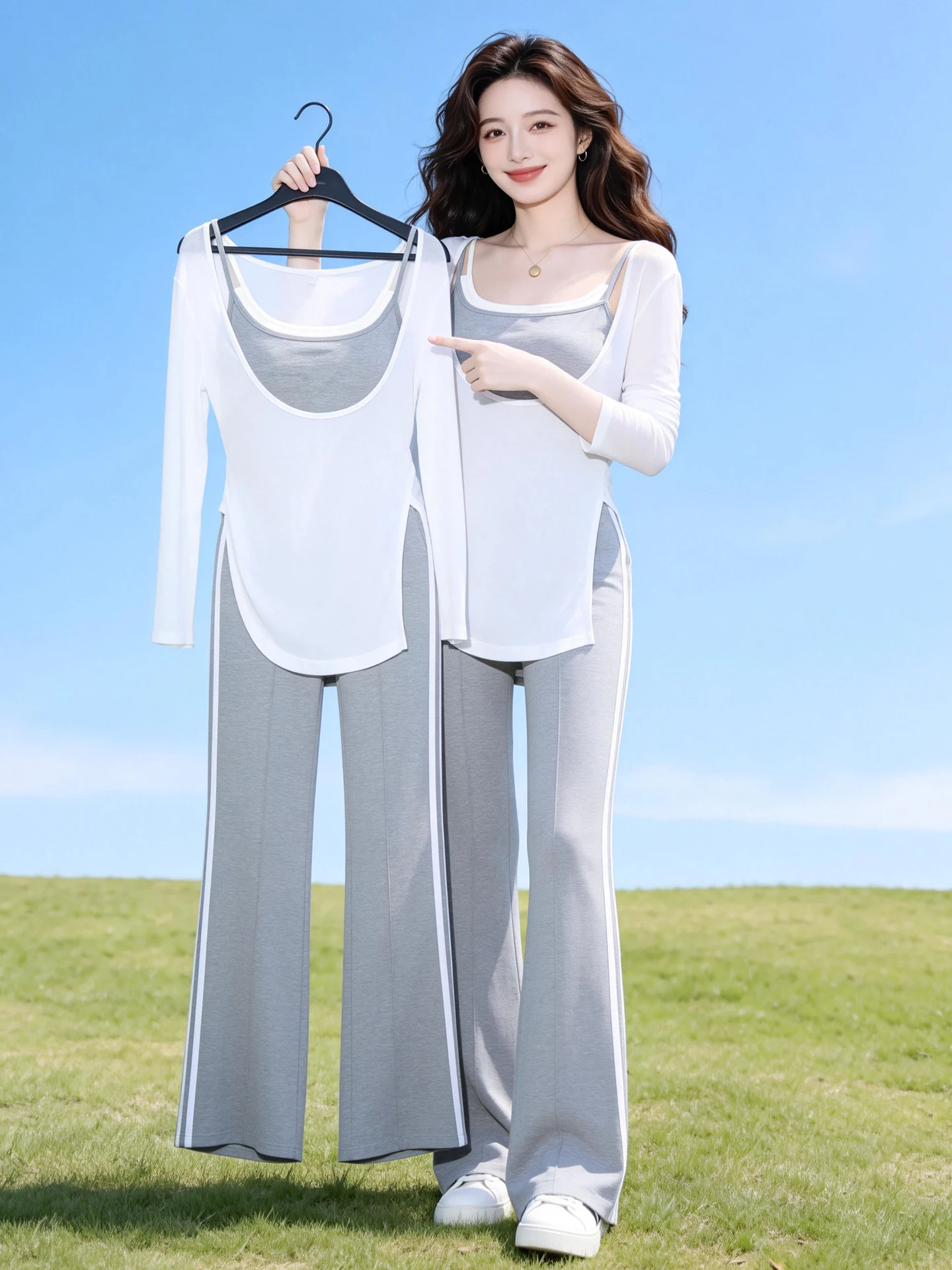 

Fashionable Sporty Casual Women's Summer Outfit Three-Piece Set Cover up Top Strapless Bell Bottom Pants High Waist T-Shirt