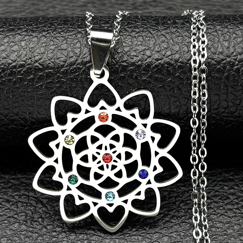 Sacred Geometry 7 Chakra Metatron Heart Necklace Flower of Life Stainless Steel Opal Stone Necklace Reiki Healing Jewelry N6341