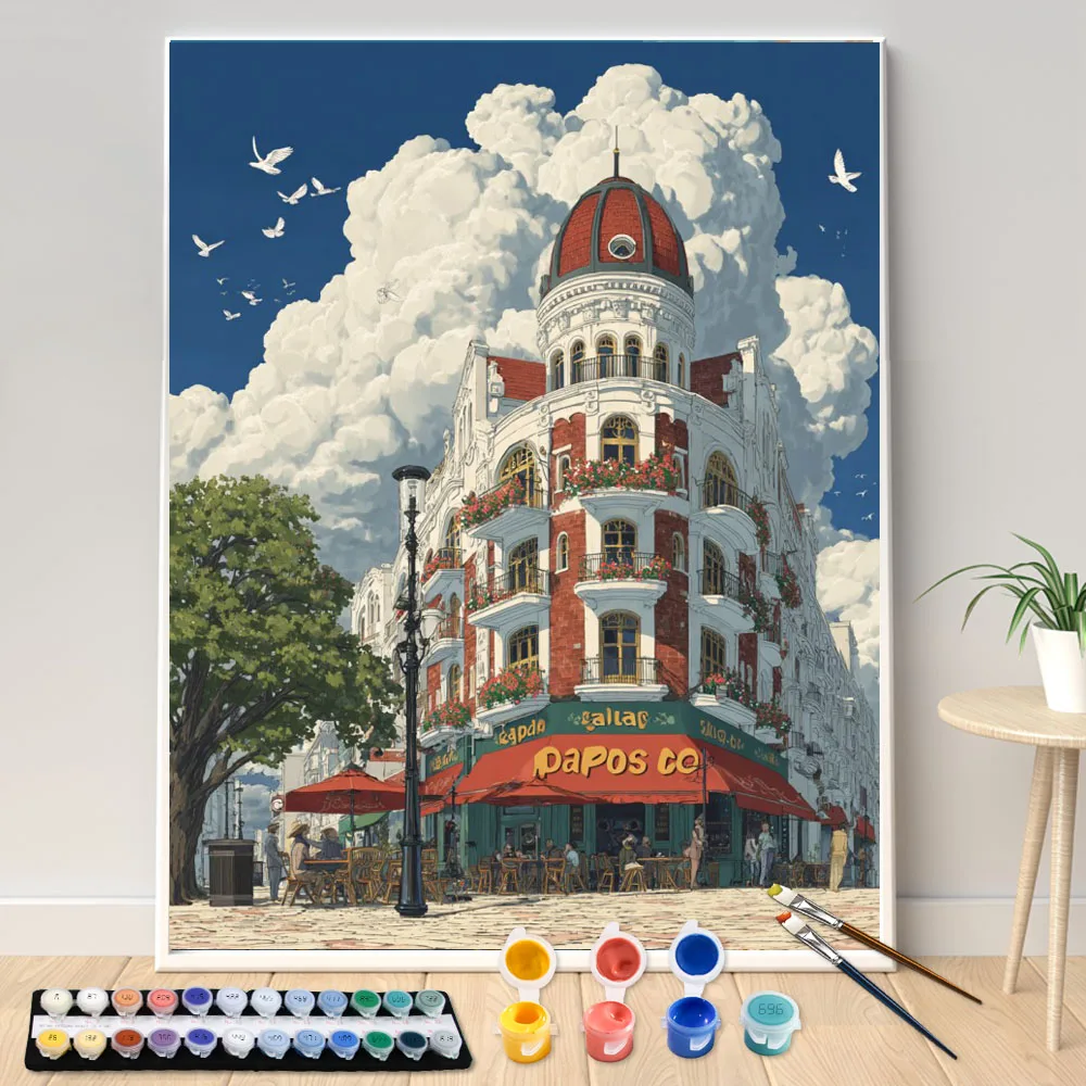 Painting by Numbers Kit DIY Red-roofed building under the clo Canvas Art Hand Painting Home Decoration Personality Surprise Gift