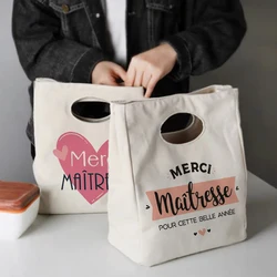 Merci Maitresse Print Lunchtas Draagbare geïsoleerde canvas koeler Bento Tote Thermische schoolvoedsel opbergzakken Cadeau voor leraar