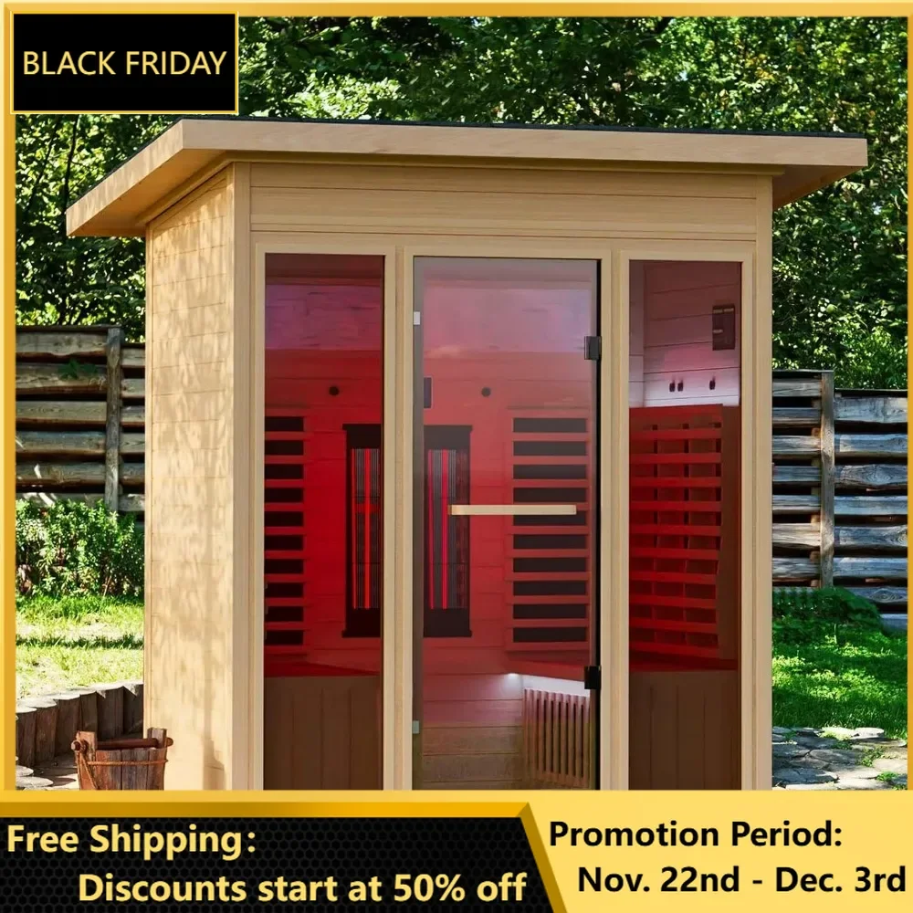 Infrared Sauna, Full-Spectrum Infrared Outdoor Saunas for Home - Dry Heat Sauna, Wooden Sauna Room with Beauty Lamp for 4 Person