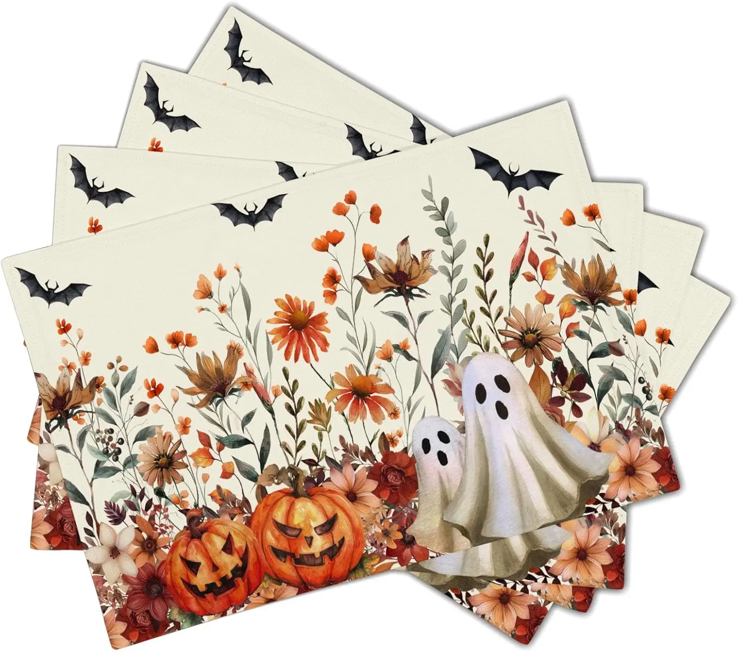 Halloween Placemats Set of 4 Vintage Wildflower Pumpkin Ghost Bat Place Mats 12x18 Inch Rustic Retro Spooky Washable Table Mats