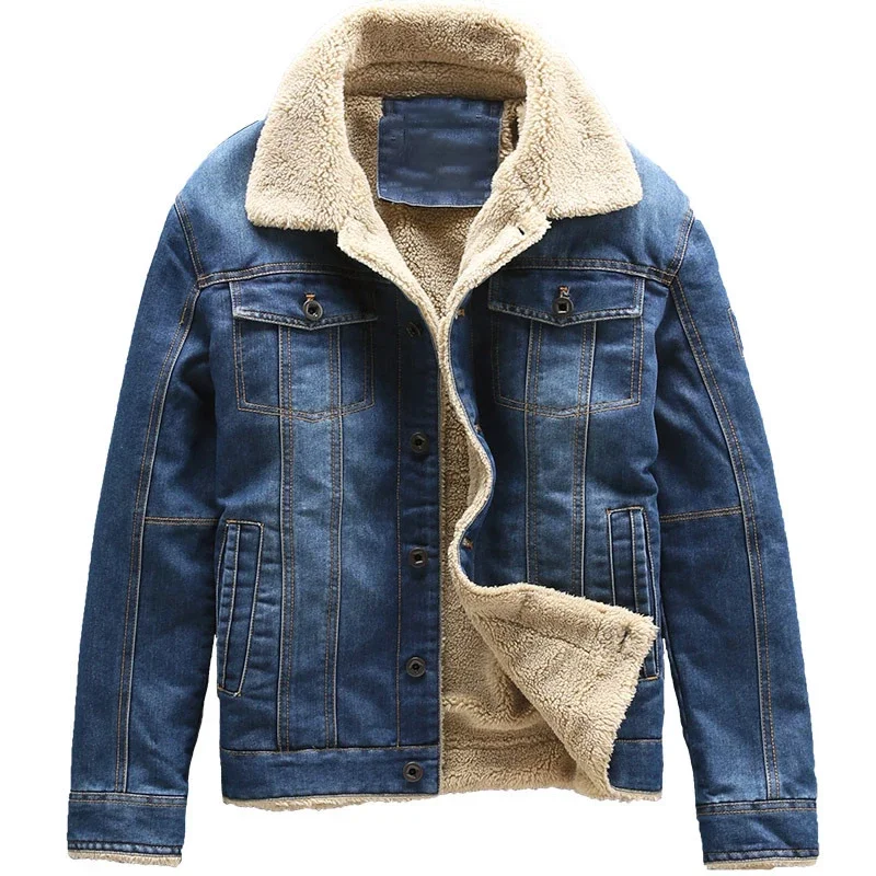 Mens Coat Boutique Fashion Winter Warm Plus Velvet Thick Blue Male Casual Denim Jacket Lamb Wool Cotton