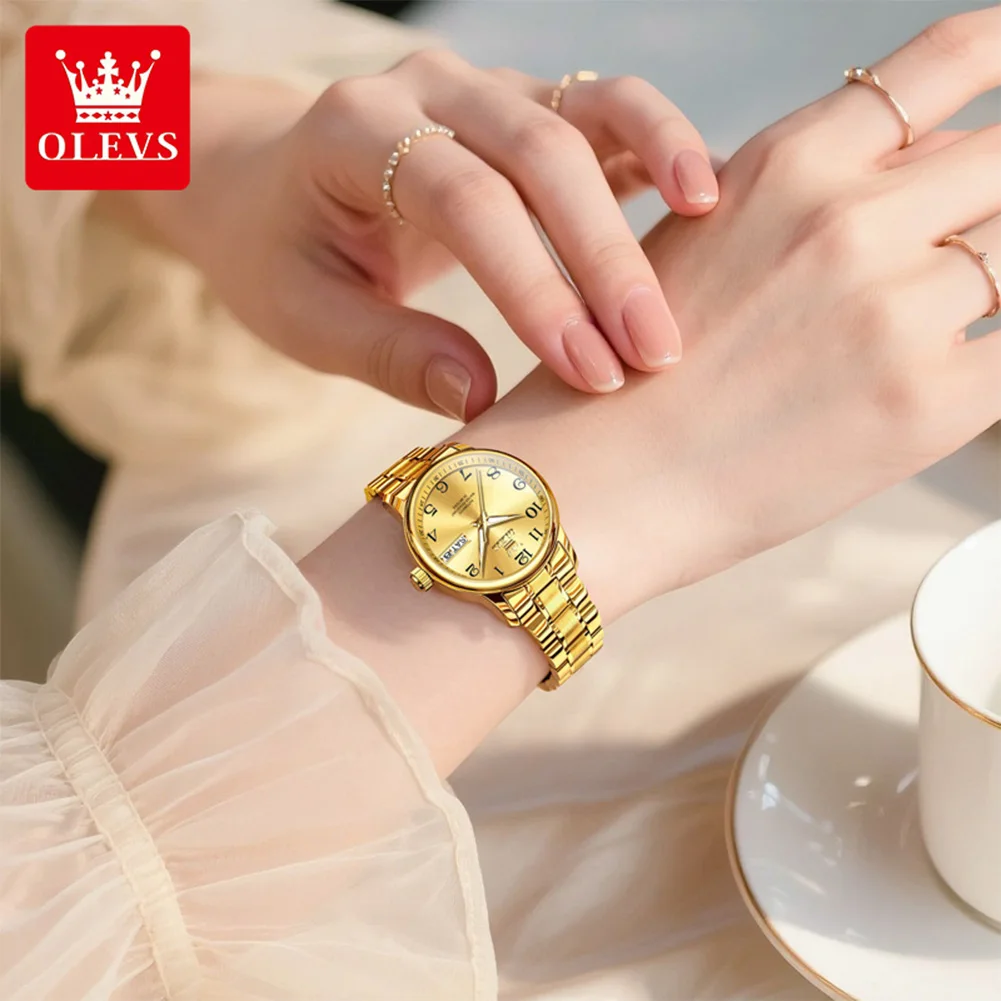 OLEVS 7072, роскошные модные женские часы с двойным календарем, золотые автоматические механические часы из нержавеющей стали для женщин, водонепроницаемые часы