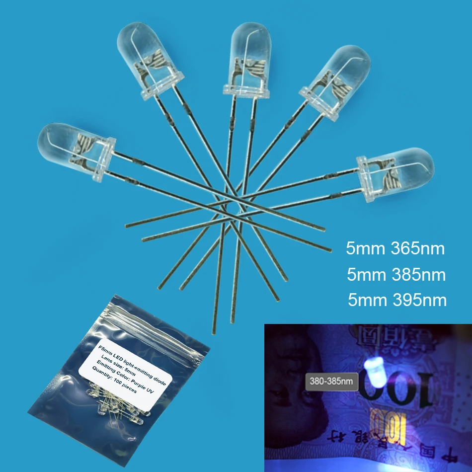 5mm 2PIN DIP UV LED Light Emitting Diodes Clear UV 365nm 385nm 395nm Purple Ultra Violet Ultra LED Beads 100PCS