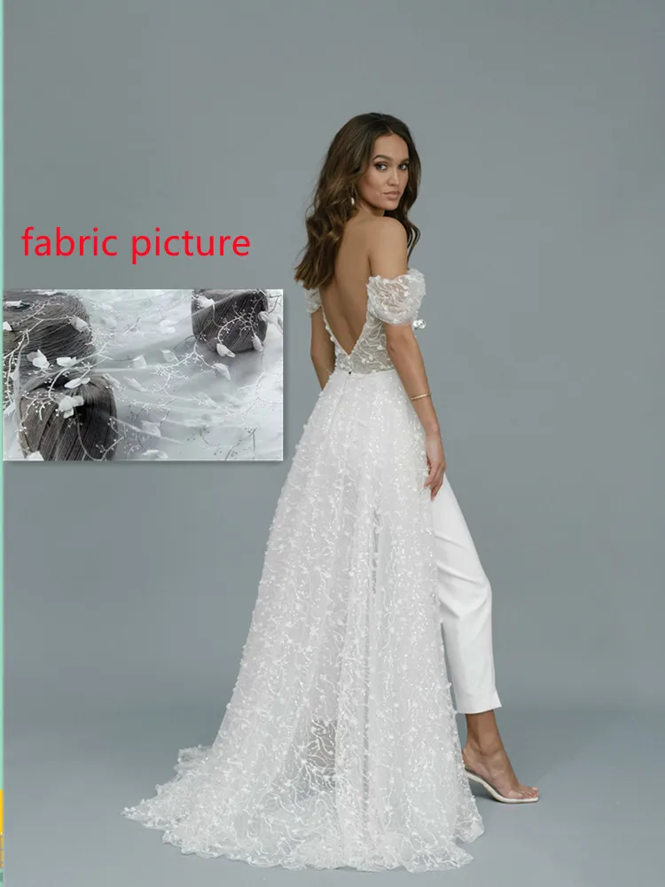 Sexy Wedding Jumpsuit with Long Train Lace 3D Appliqued Sequins Bridal Pants Suit Off Shoulder Custom Made Vestidos De Novia