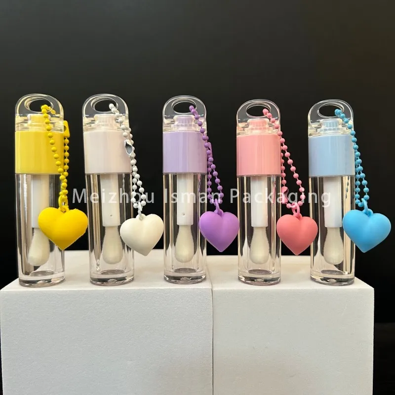 50Pcs Empty Cosmetic Transparent Head Cap Lip Gloss Container Tubes With Big Brush Pink Yellow Love Key Chain Accessory 7ML - Detail 1