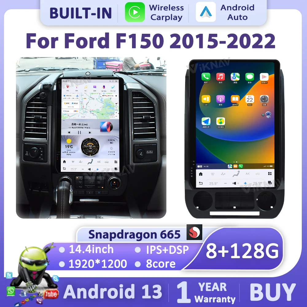 

Viknav 14,4-дюймовый Android13 автомобильный радиоприемник для Ford Raptor F150 2015-2022 Tesla сенсорный экран Auto WIFI BT беспроводной Carplay GPS-навигация