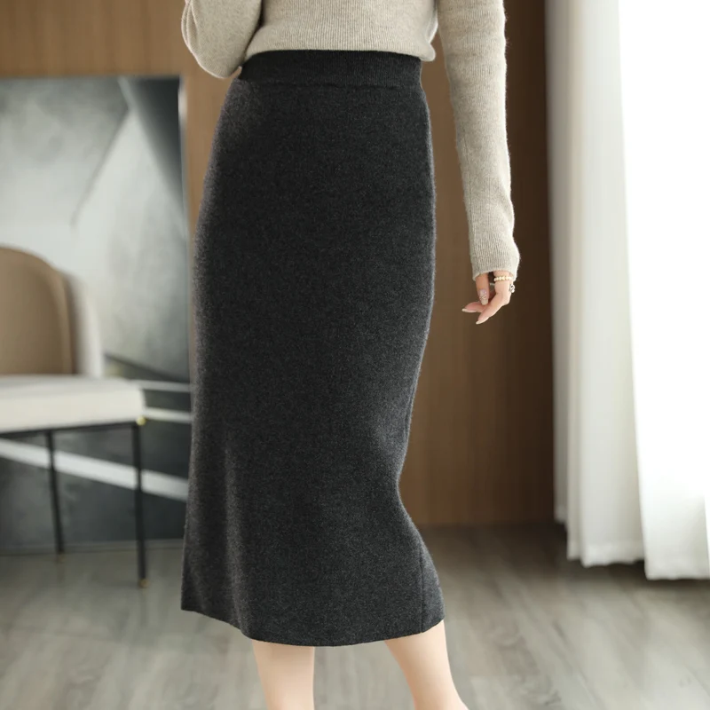 2022 New Arrival Autumn and Winter 100% Wool Knit Skirt Women\'s High Waist Skirt Fashion Soft Quanlity Elastic Knit Girl Clothes