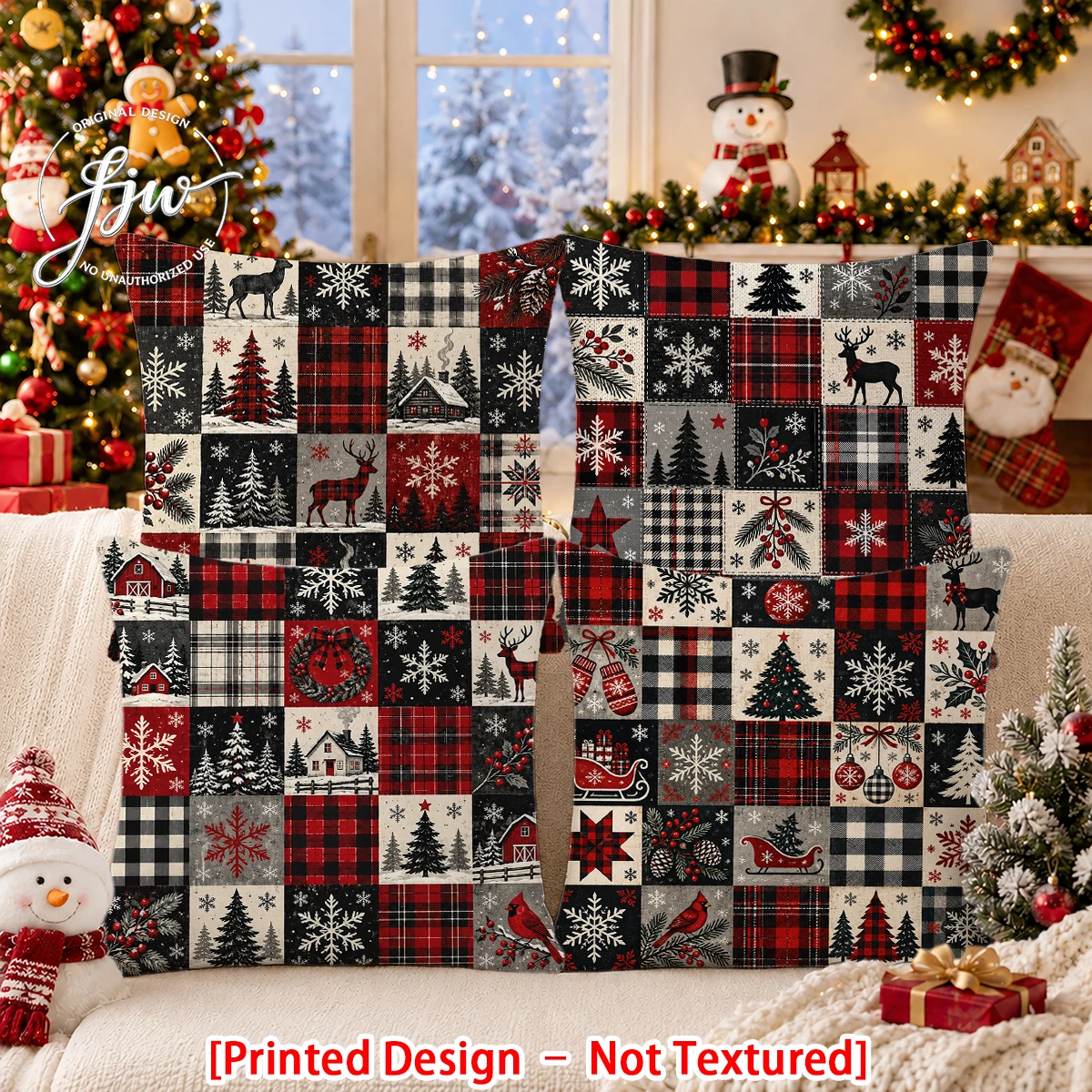 2/4pc Christmas Patchwork Throw Pillow Covers Rustic Farmhouse Winter Holiday Decor Cushion Cases for Sofa Bed