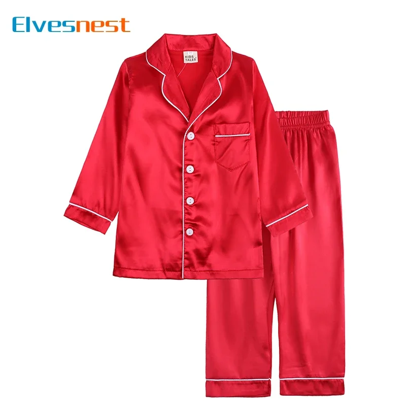Fashion Solid Color Children's Pajamas Sets Long Sleeve Imitation Silk Sleepwear Pants 2 Pcs Autumn Pajamas for Girls 1-13 Years
