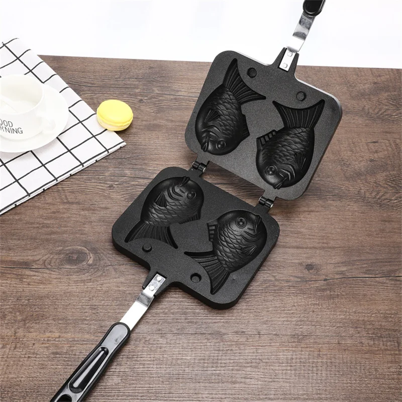 Kitchen Japanese Taiyaki Double Fish Shaped Hot Dessert Waffle Cake Maker Pan Japanese Pancake Double Pan Fry Pan Waffle Molds