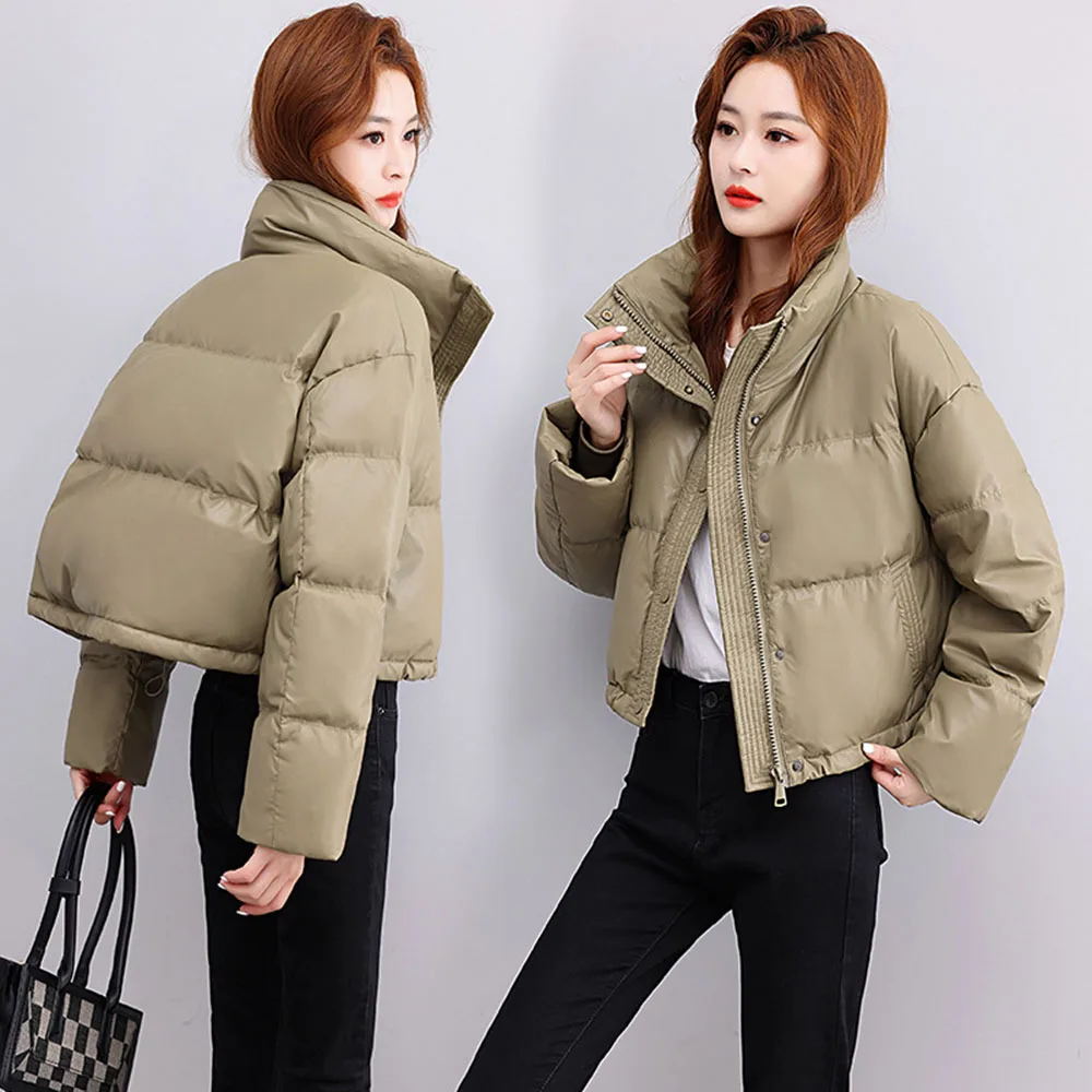 Winter Short Down Cotton Coat for Women 2024 New Stand-up Collar PU Leather Bread Clothes Parka Female Casual Warm Solid Jackets