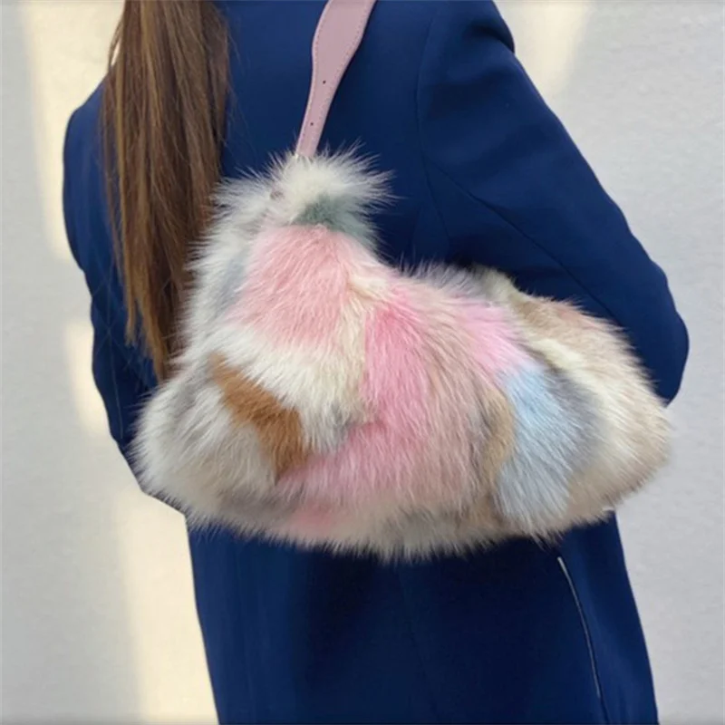 Women\'s High Quality Fur Bag Large Capacity Luxury Fox Fur Handbag Adjustable Strap Design Single Shoulder Fur Bag