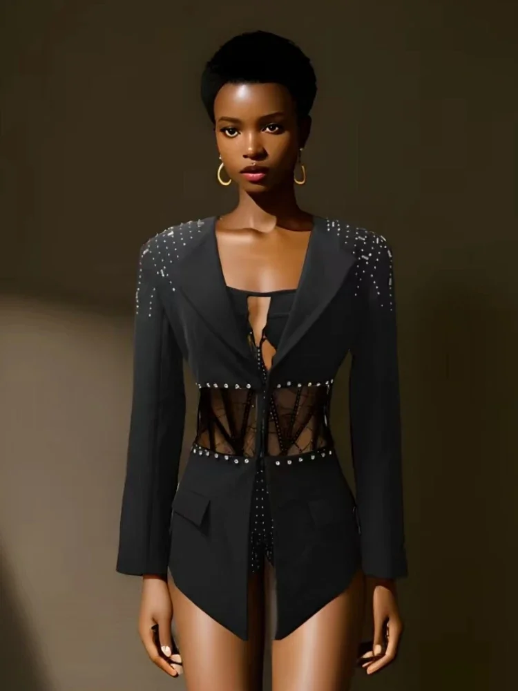 224 Sexy Strapless Party 2 Two-Piece Set Women Black Luxury Sequin Jumpsuit + Long Sleeved Diamonds Blazer Suits Evening Club