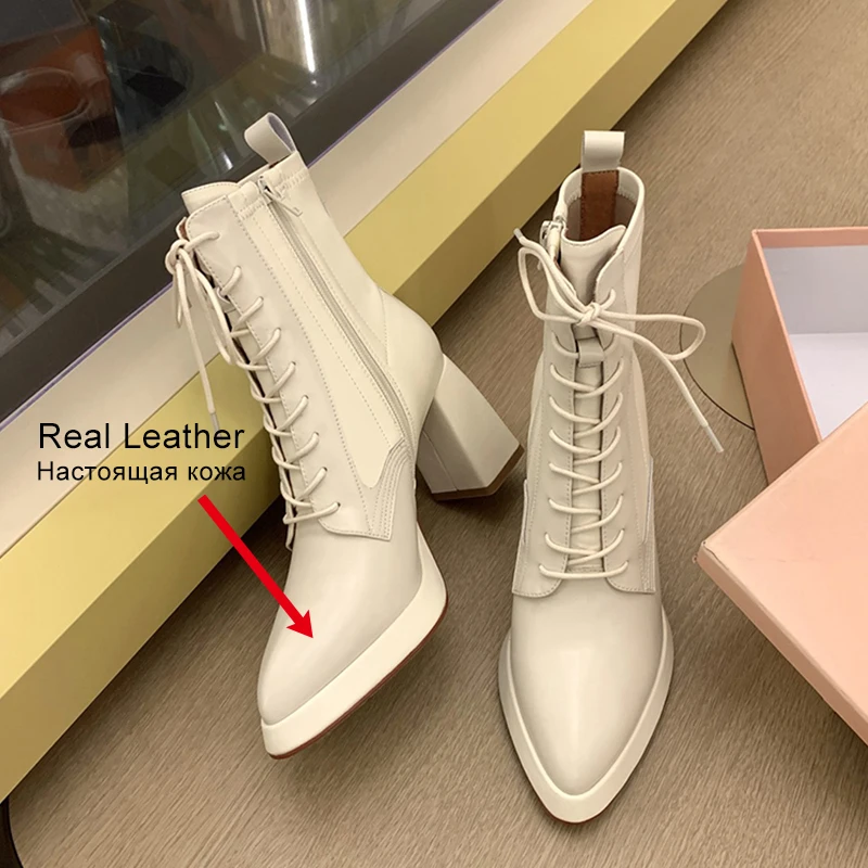 JOZHAMTA Size 33-40 Ankle Boots White For Women Real Leather High Heels Shoes Womens 2023 Platform Luxury Designer Ladies Shoes