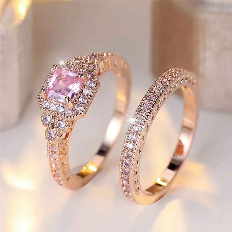 Crystal Female Pink Zircon Sqauarel Stone Ring Set Fashion Vintage Rose Gold Color Bridal Wedding Engagement Jewelry for Women