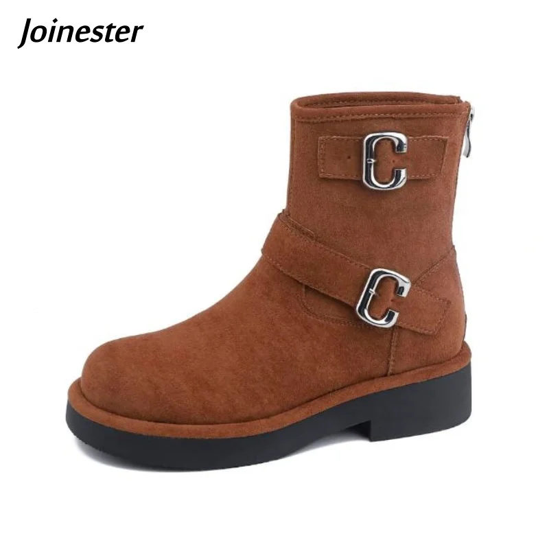 

Pure Color Back Zip Ankle Strap for Women Round Toe Mid Chunky Heel Vintage Short Booties Ladies Autumn Winter Casual Footwear