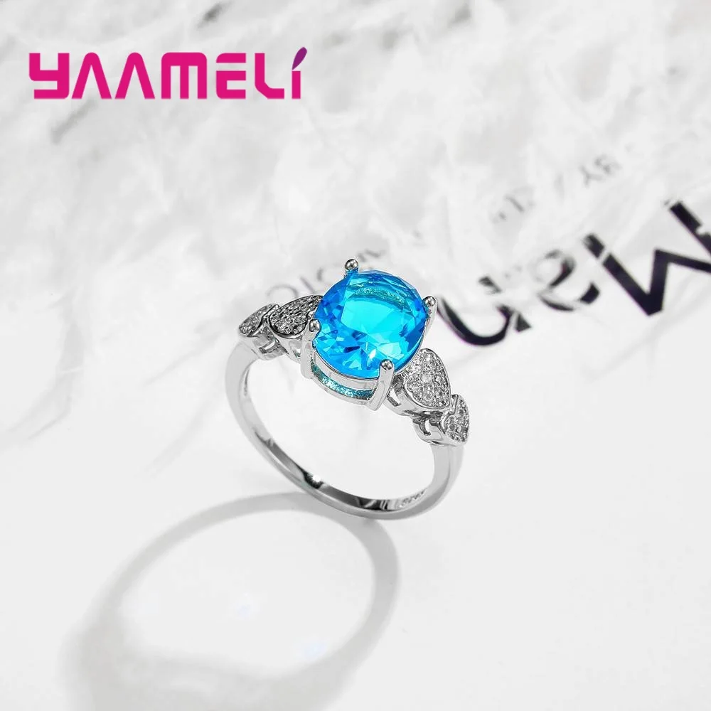 luxurious Blue Ring Genuine 925 Sterling Silver Cocktail Party Rings Stone Women Female Size 6-9 Free Gift Package