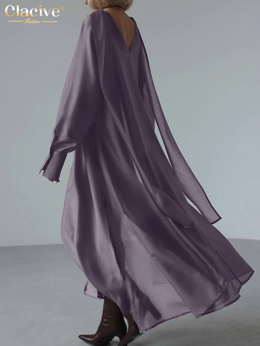 Clacive Casual Loose Khaki Women Dress 2025 Fashion Stand Collar Long Sleeve Ankle Length Dresses Elegant Backless Female Dress